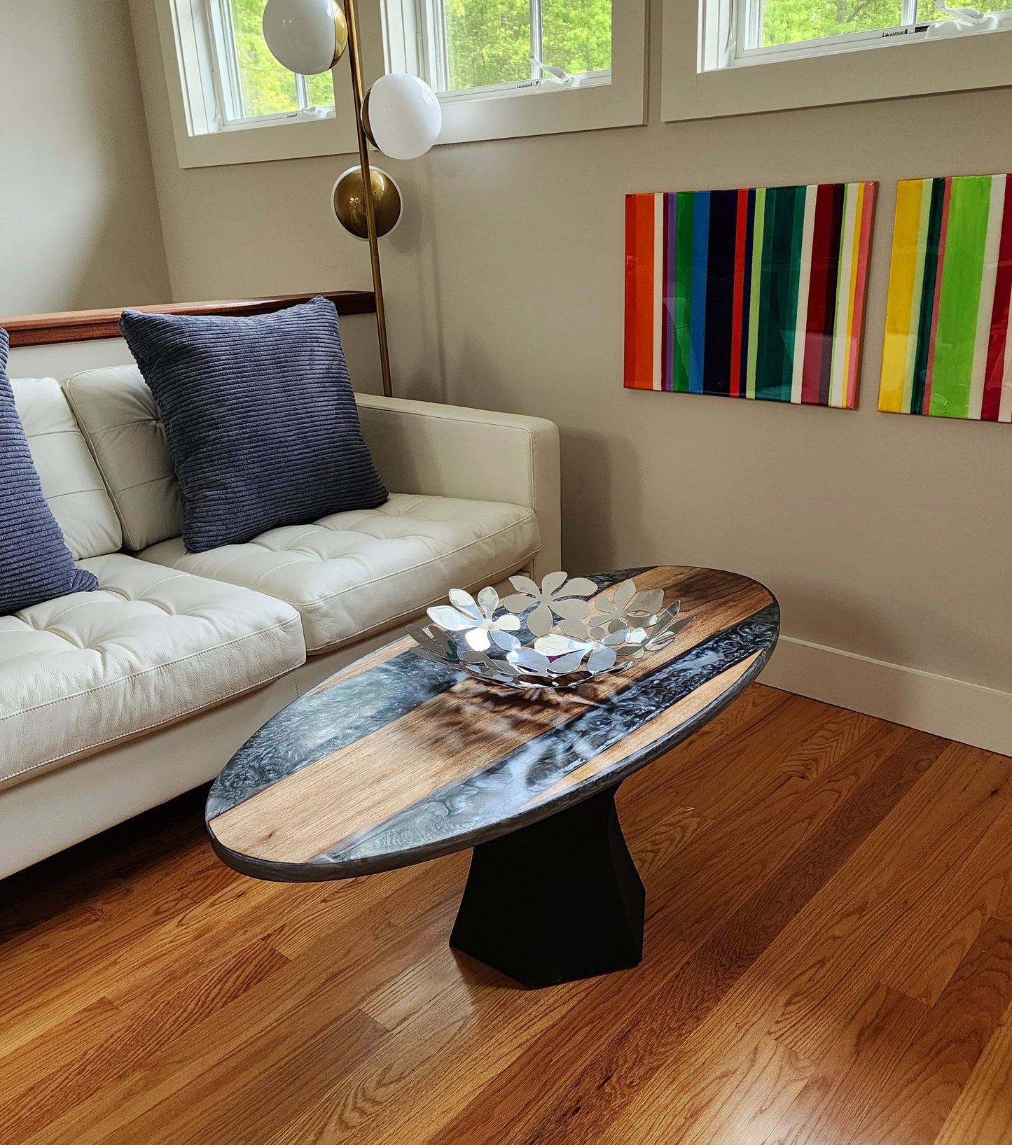 Sold Sample - Oval (Surfboard) Cherry Live Edge Coffee Table w/ Black Aluminum Epoxy