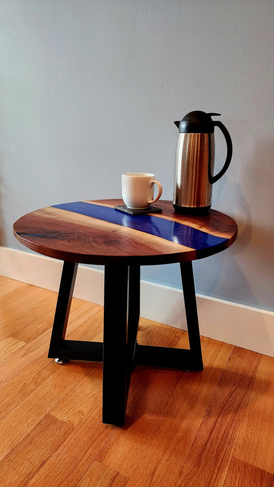 Sold Sample - Handmade Side Table! Black Walnut Live Edge w/ Blue Swirl Epoxy