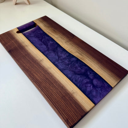 Double Sided Black Walnut & Golden Purple Rain Swirl Charcuterie. Natural Routed Handle