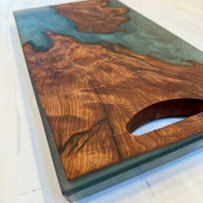 ”Emerald Lux Green ” Swirled Epoxy Deep Redwood w/ Natural Carved Handle