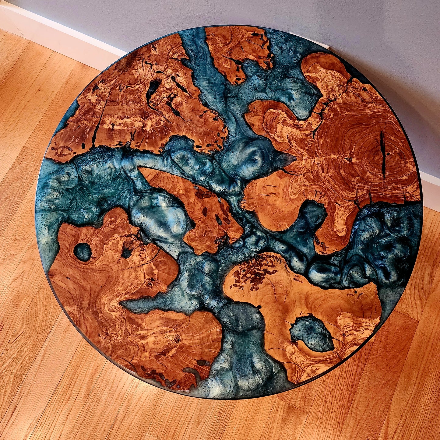 Sold Sample - Olive Wood w/ Venice Blue Swirl. Black Powder Coated Modern Steel Base