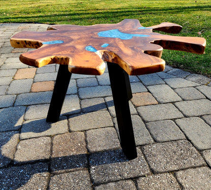 Sold Sample - Star Live Edge Teak Root Table Top w/ Venice Blue Swirl. Black Powder Coated Legs.