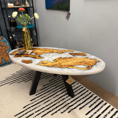 Handmade Olive Wood Live Edge Oval (Surfboard) Coffee Table w/ Pure White Pearl Swirls.