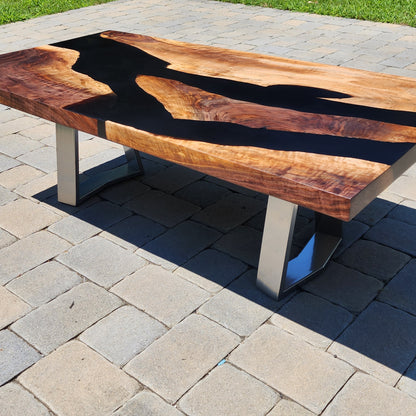 Sold Sample - Handmade Chunky Black Walnut Live Edge River Coffee Table w/ Matte Black Epoxy -