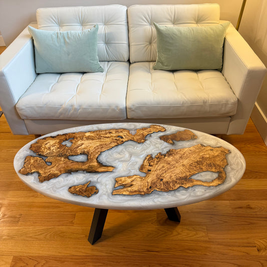 Handmade Olive Wood Live Edge Oval (Surfboard) Coffee Table w/ Pure White Pearl Swirls.