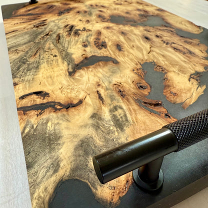 Exotic Buckeye Burl Live Edge  Charcuterie/Server Wrapped w/ Black Diamond Swirl. Black Matte Knurled Handles
