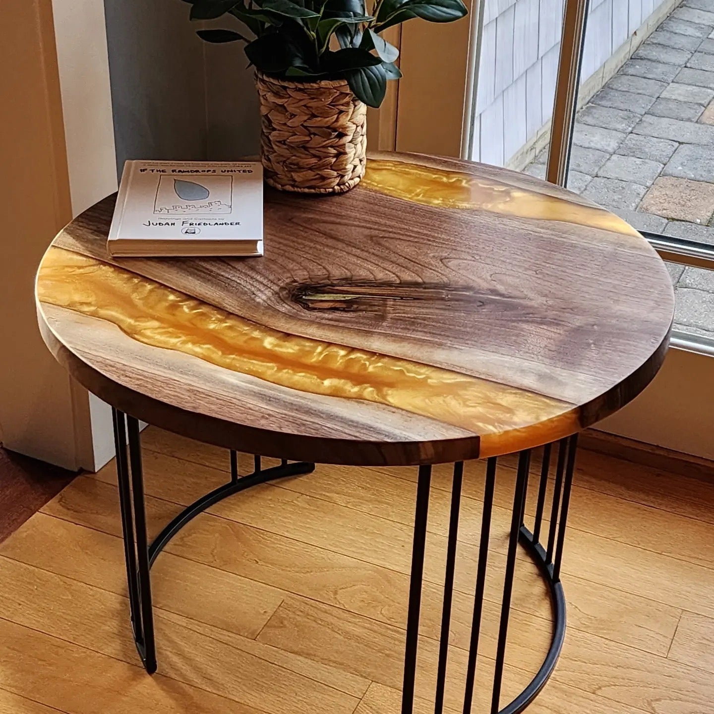 Sold Sample - Cherry Live Edge Side Table w/ Lux Gold Swirl. Black Powder Coated Modern Steel Round Base