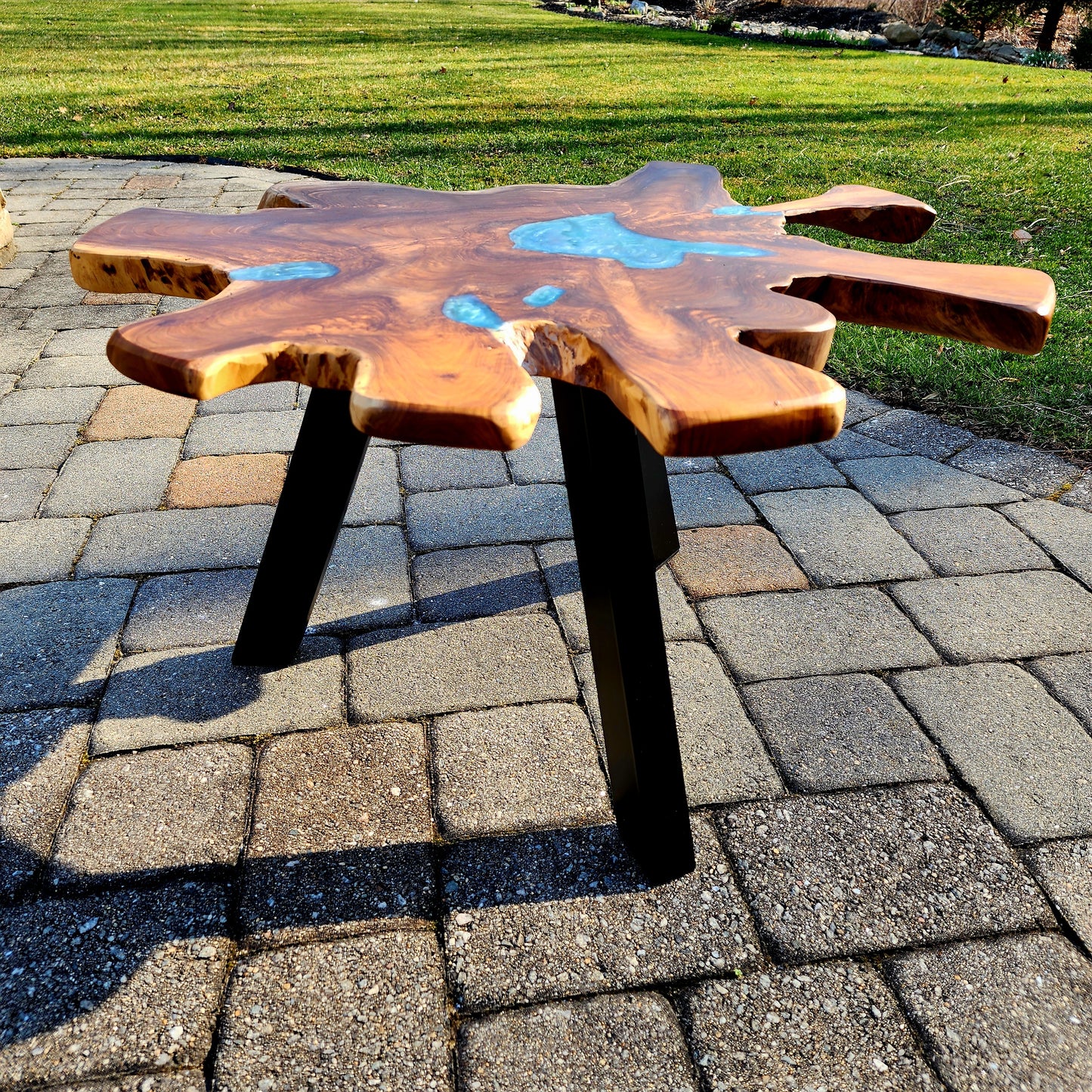 Sold Sample - Star Live Edge Teak Root Table Top w/ Venice Blue Swirl. Black Powder Coated Legs.