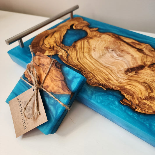 Olive Wood Blue/Green Swirl Charcuterie & Coaster Set