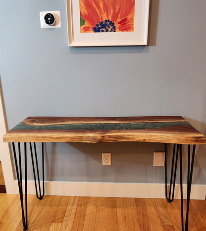 Sold Sample - Custom Console Table, Black Walnut Live Edge w/ Emerald Green Epoxy River, Hairpin Legs