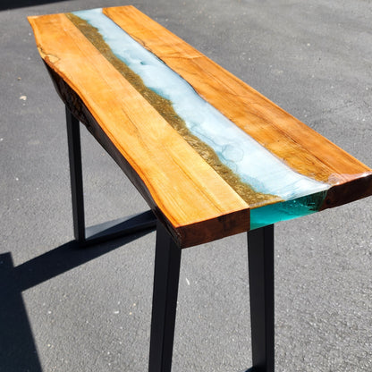 Sold Sample - Spalted Maple Console Beach Scene. Live Edge Front. Beach Sand, Ocean Waves, Transparent Sea Green. Black Powder Coated Legs.