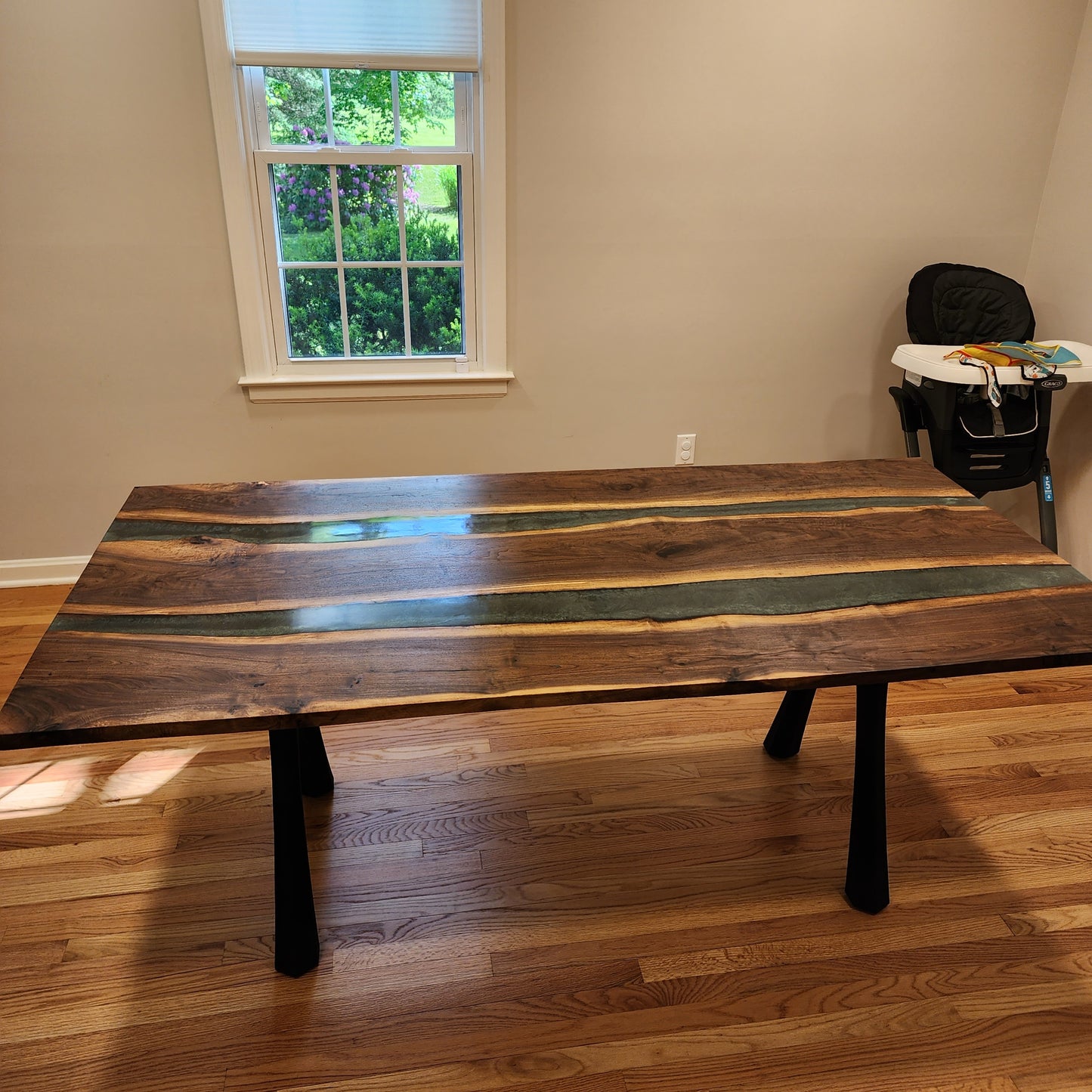 Sold Sample - Black Walnut Live Edge Table w/ Emerald Green Epoxy River Dining Table