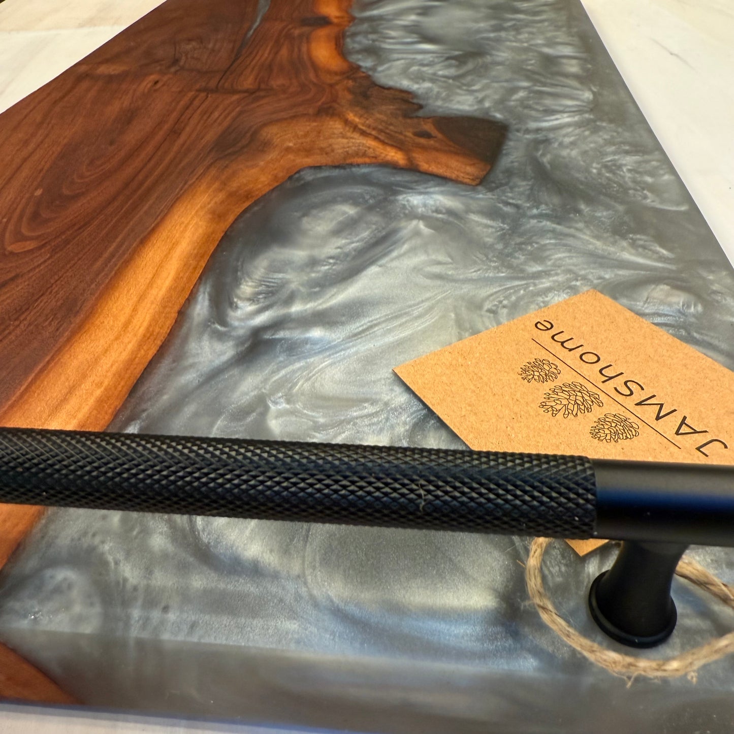 Supersized 12”x24” Black Walnut & Aluminum Swirl Charcuterie w/ Industrial Black Gnarled Handles.