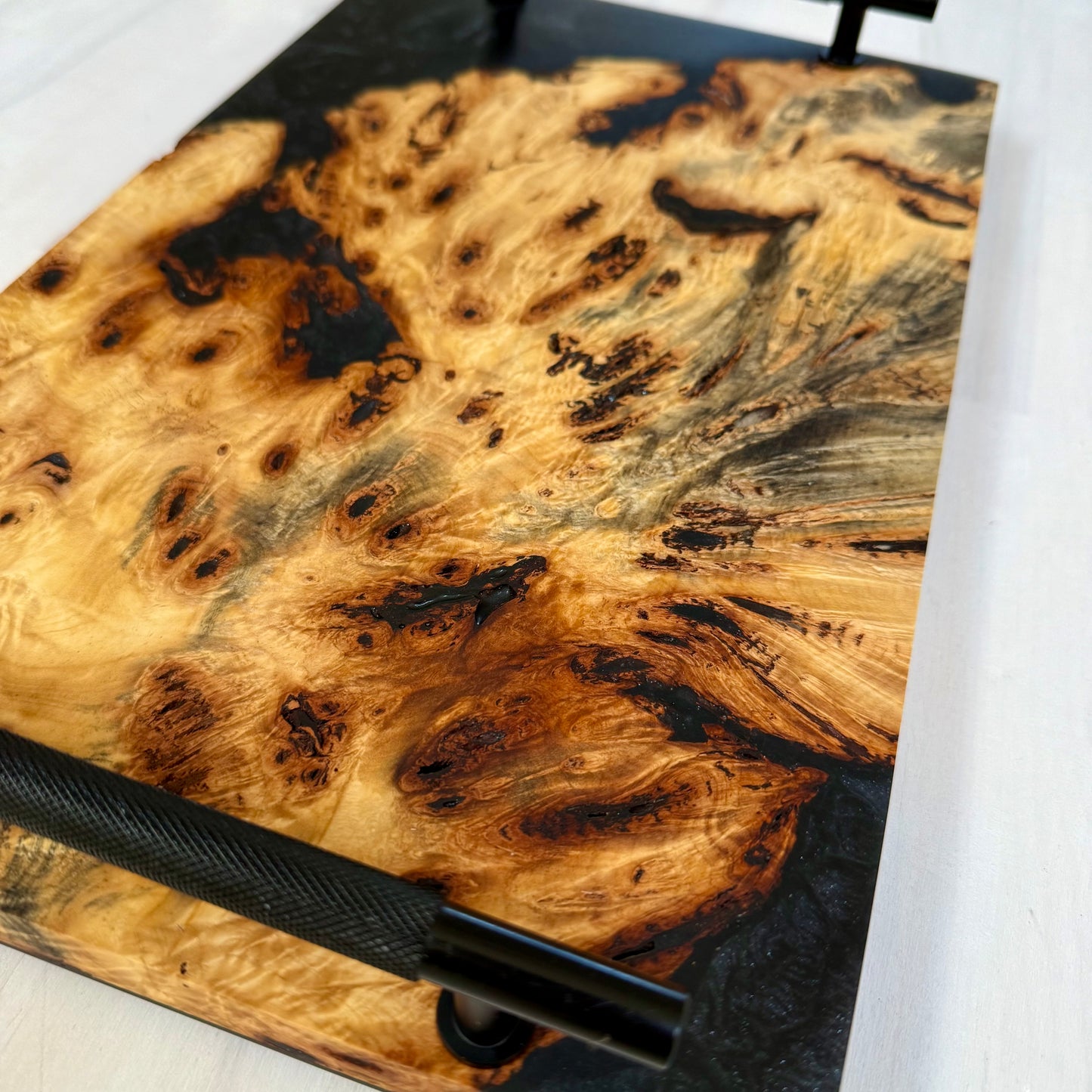 Exotic Buckeye Burl Live Edge  Charcuterie/Server Wrapped w/ Black Diamond Swirl. Black Matte Knurled Handles