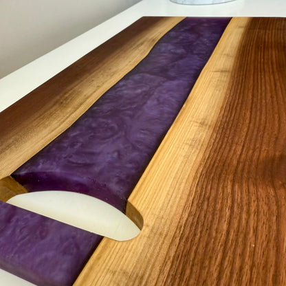 Double Sided Black Walnut & Golden Purple Rain Swirl Charcuterie. Natural Routed Handle