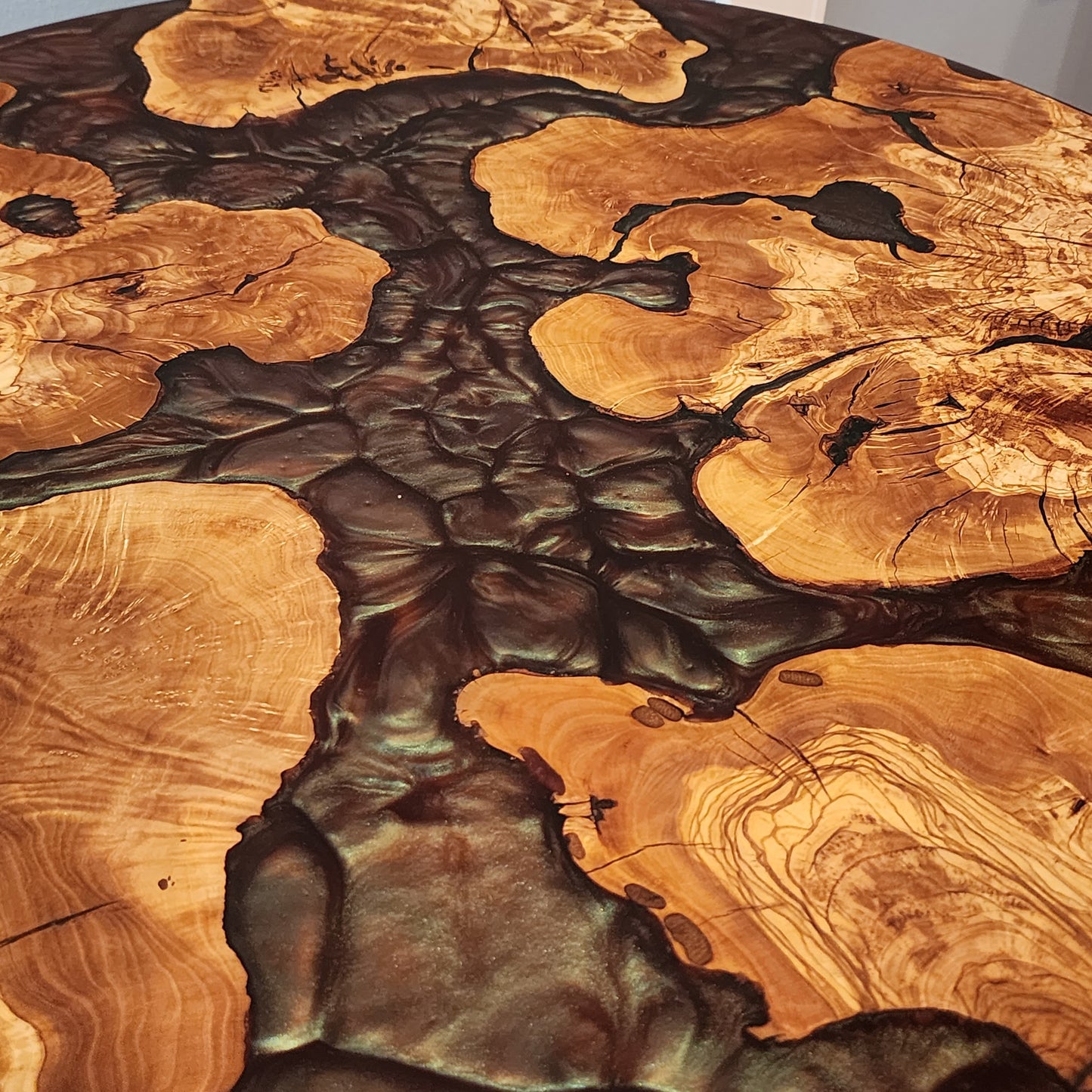 24” Olive Wood Live Edge w/ Eggplant Epoxy Swirl - Side / Coffee Table