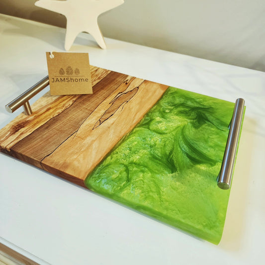 Natural Ambrosia Maple Rustic Live Edge w/ Lux Apple Green Swirl & Nickel Handles Charcuterie Board