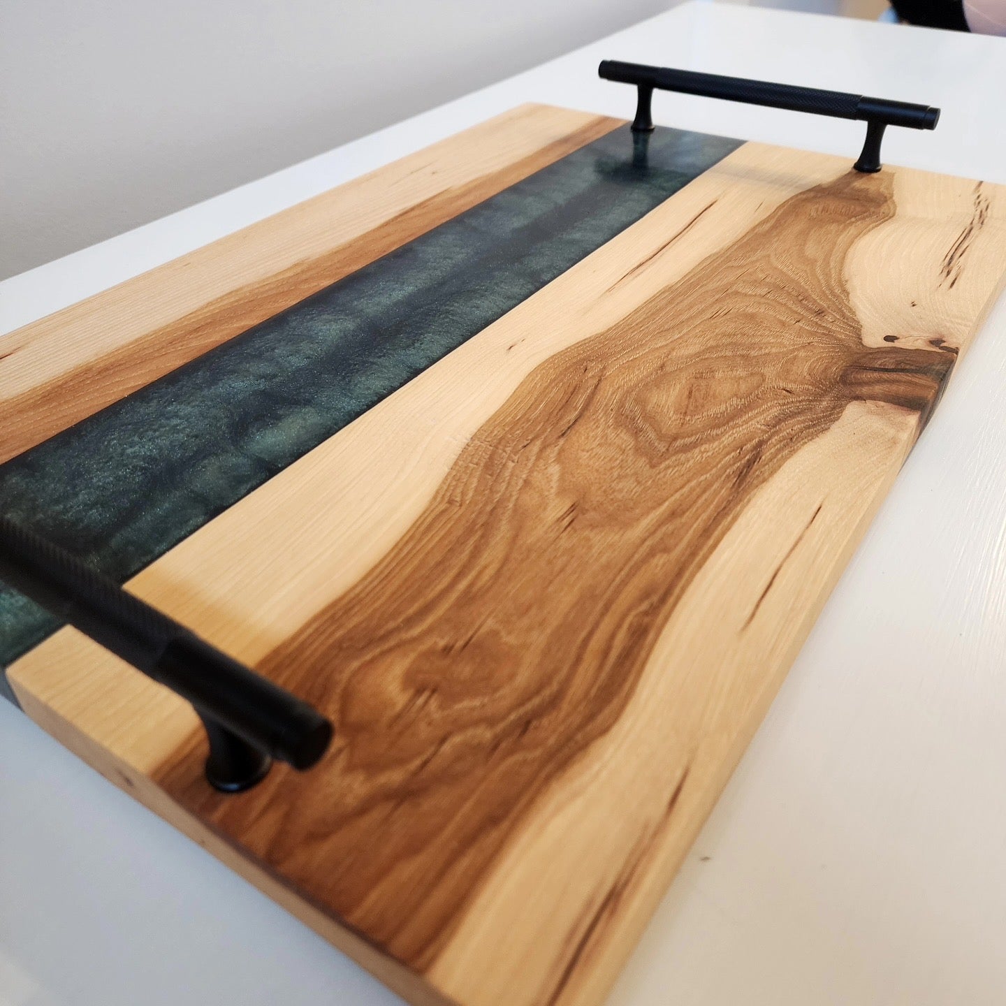 Natural Rustic Hickory Live Edge w/ Lux Emerald Green Swirl & Black Industrial Nickel Handles Charcuterie Board