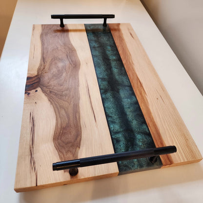 Natural Rustic Hickory Live Edge w/ Lux Emerald Green Swirl & Black Industrial Nickel Handles Charcuterie Board