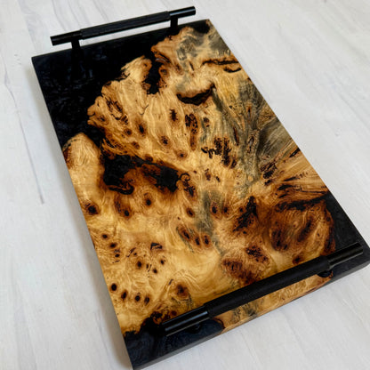 Exotic Buckeye Burl Live Edge  Charcuterie/Server Wrapped w/ Black Diamond Swirl. Black Matte Knurled Handles