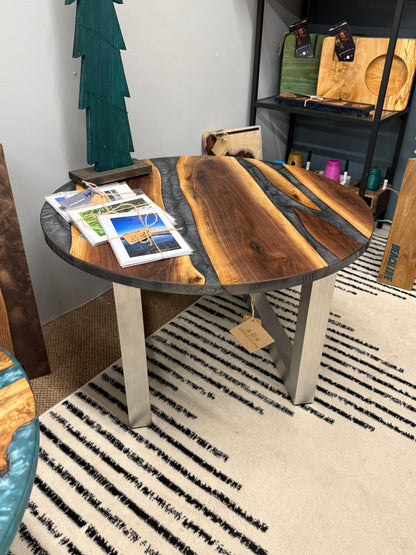Handmade Black Walnut & Graphite Gray Swirl River Coffee Table Chrome Brushed Legs