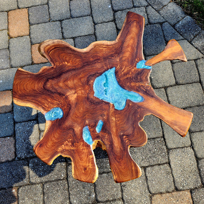 Sold Sample - Star Live Edge Teak Root Table Top w/ Venice Blue Swirl. Black Powder Coated Legs.