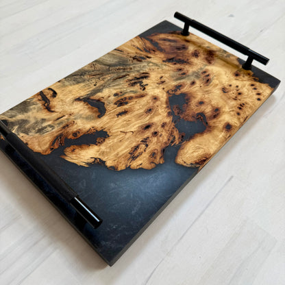 Exotic Buckeye Burl Live Edge  Charcuterie/Server Wrapped w/ Black Diamond Swirl. Black Matte Knurled Handles