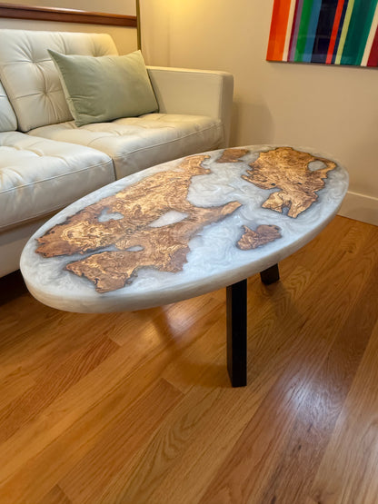 Handmade Olive Wood Live Edge Oval (Surfboard) Coffee Table w/ Pure White Pearl Swirls.