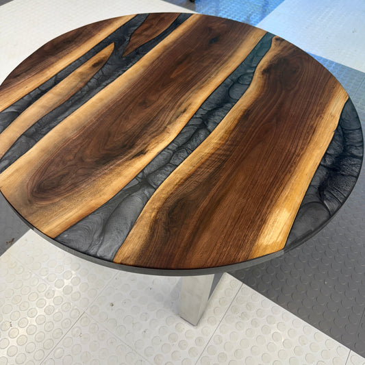 Handmade Black Walnut & Graphite Gray Swirl River Coffee Table Chrome Brushed Legs