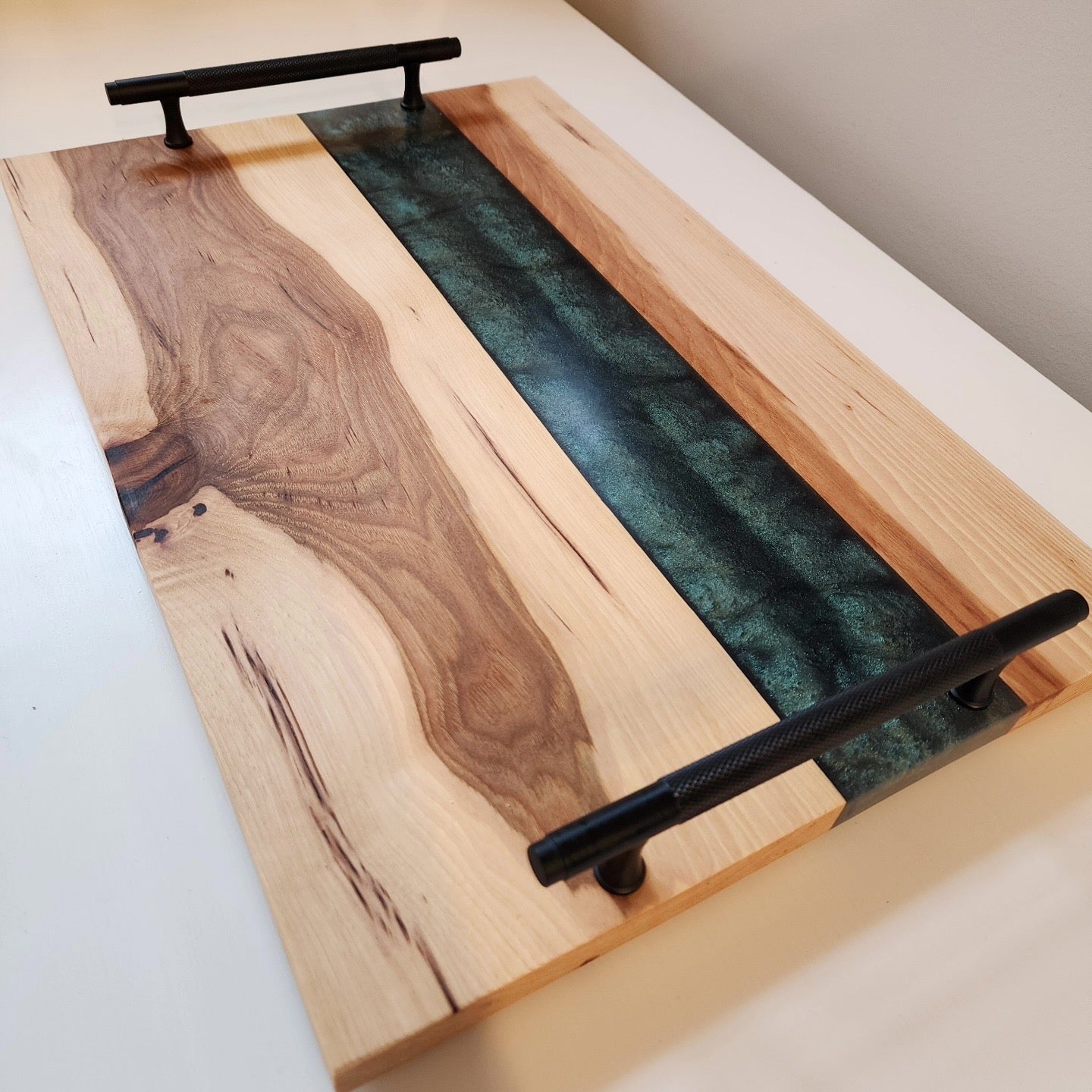 Natural Rustic Hickory Live Edge w/ Lux Emerald Green Swirl & Black Industrial Nickel Handles Charcuterie Board