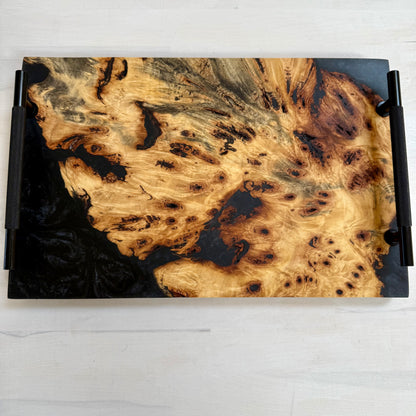 Exotic Buckeye Burl Live Edge  Charcuterie/Server Wrapped w/ Black Diamond Swirl. Black Matte Knurled Handles