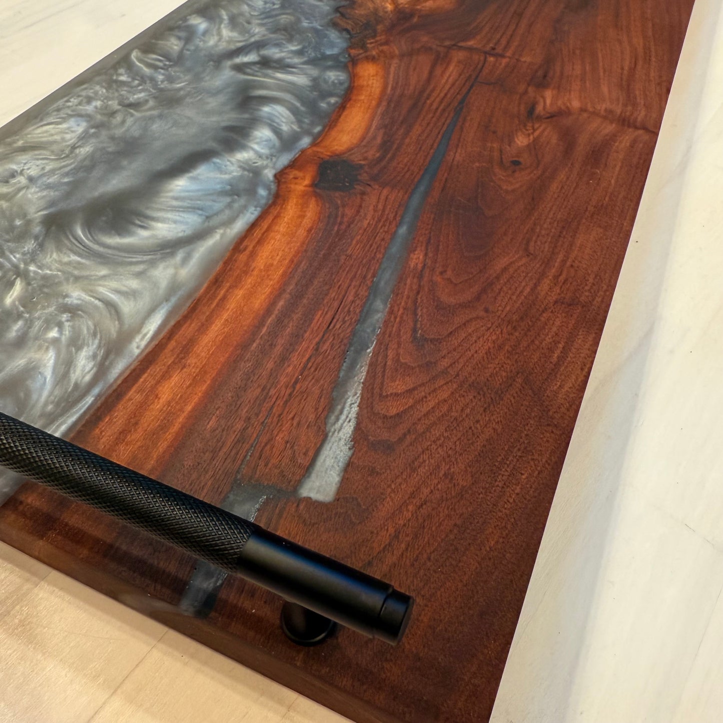 Supersized 12”x24” Black Walnut & Aluminum Swirl Charcuterie w/ Industrial Black Gnarled Handles.