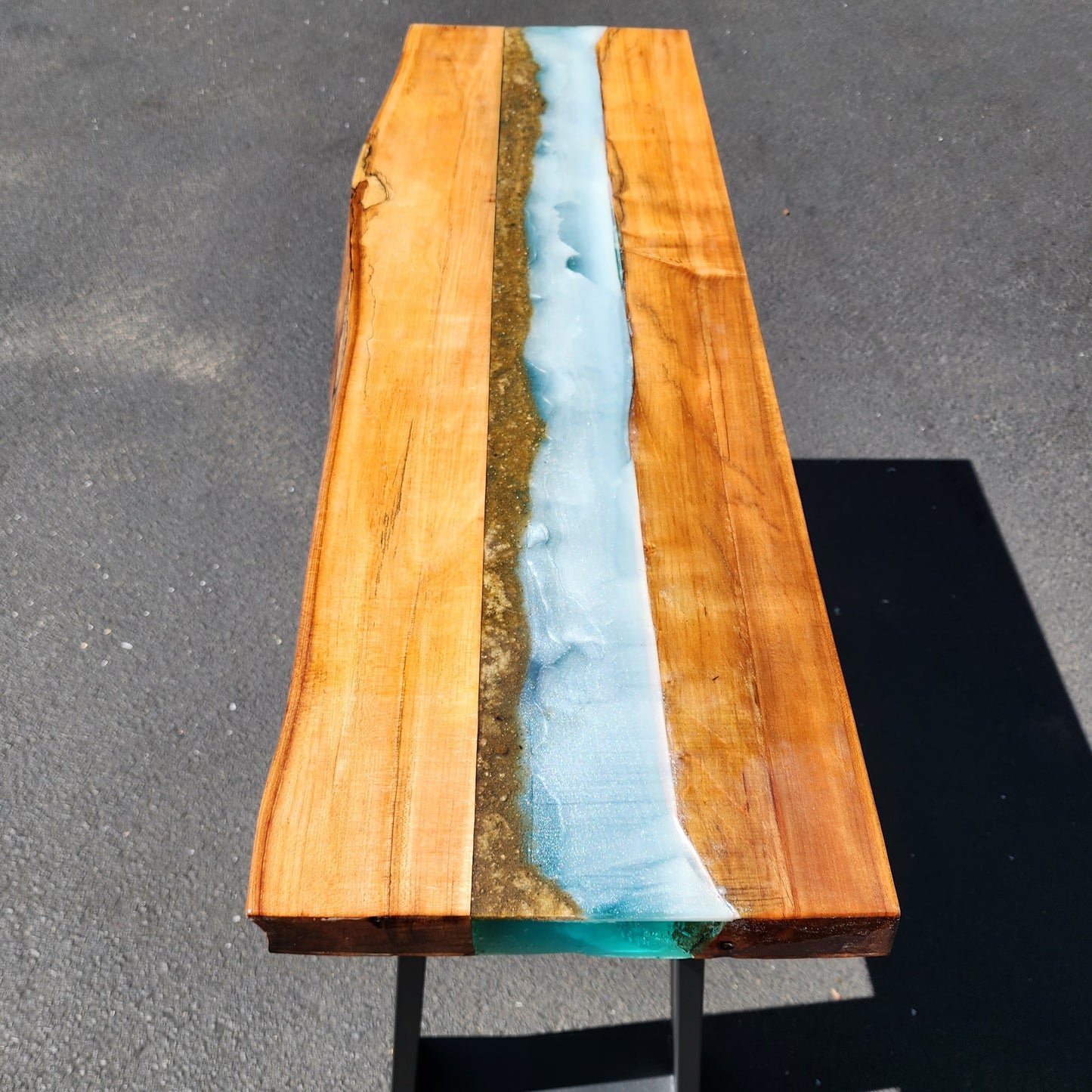 Sold Sample - Spalted Maple Console Beach Scene. Live Edge Front. Beach Sand, Ocean Waves, Transparent Sea Green. Black Powder Coated Legs.