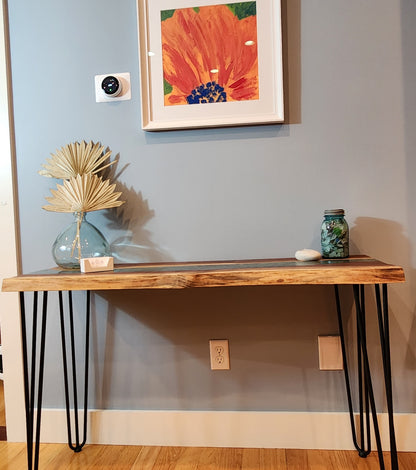 Sold Sample - Custom Console Table, Black Walnut Live Edge w/ Emerald Green Epoxy River, Hairpin Legs