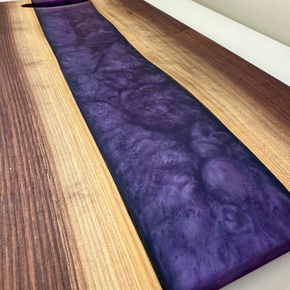 Double Sided Black Walnut & Golden Purple Rain Swirl Charcuterie. Natural Routed Handle