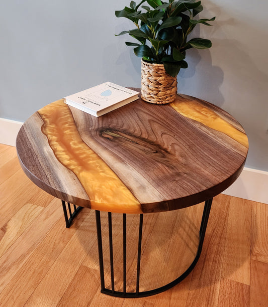 Sold Sample - Cherry Live Edge Side Table w/ Lux Gold Swirl. Black Powder Coated Modern Steel Round Base