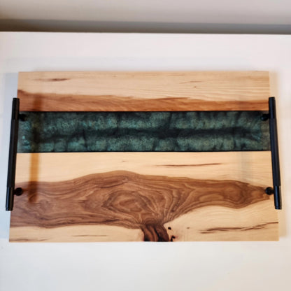 Natural Rustic Hickory Live Edge w/ Lux Emerald Green Swirl & Black Industrial Nickel Handles Charcuterie Board