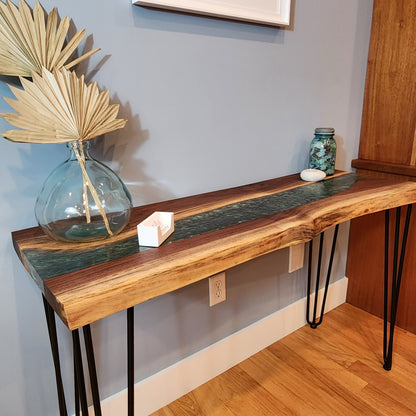 Sold Sample - Custom Console Table, Black Walnut Live Edge w/ Emerald Green Epoxy River, Hairpin Legs