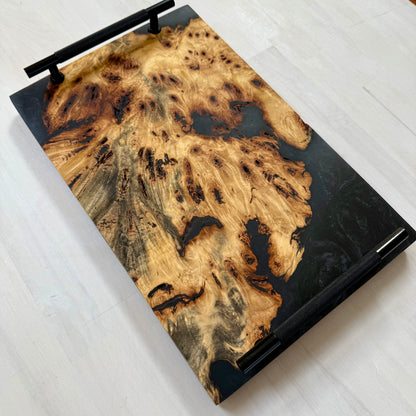 Exotic Buckeye Burl Live Edge  Charcuterie/Server Wrapped w/ Black Diamond Swirl. Black Matte Knurled Handles