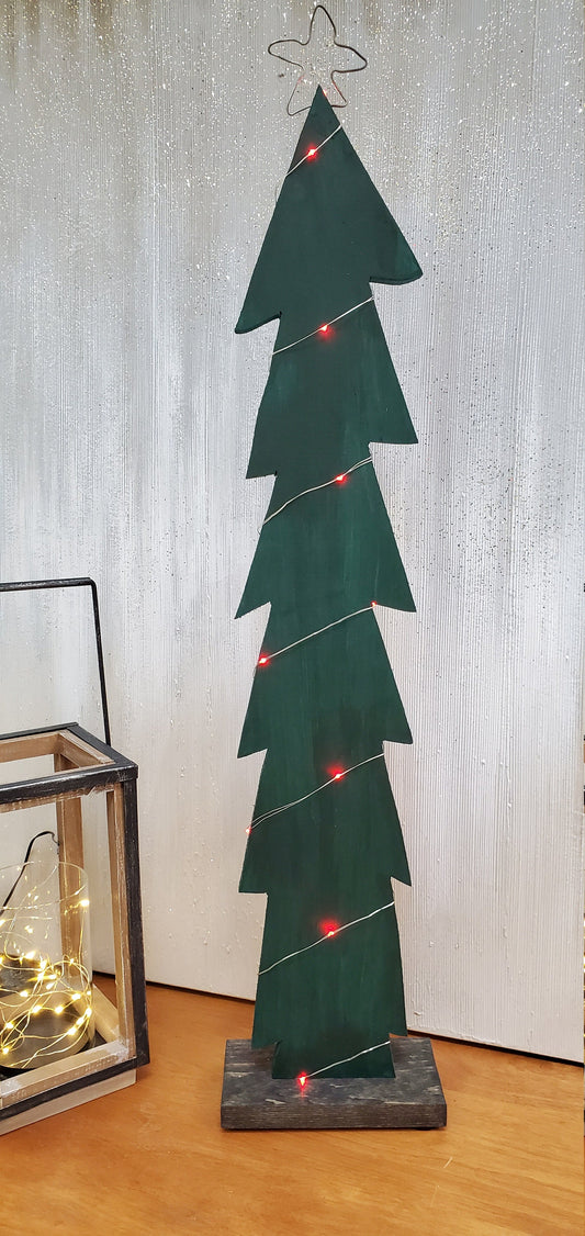 Green Wood Christmas Tree with RED LED Battery