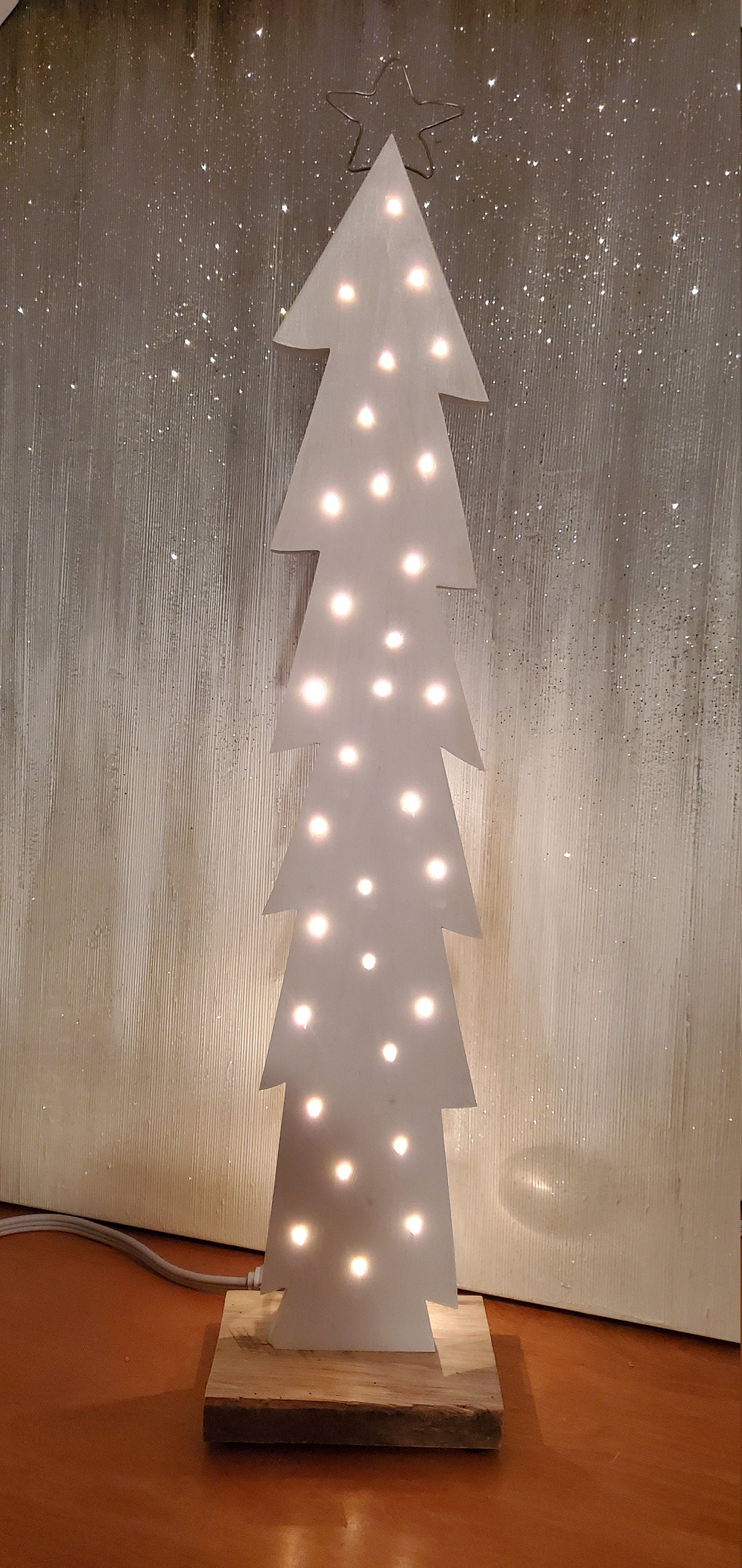 White Washed Lighted Wood Christmas Tree with Reclaimed Barn Wood Base