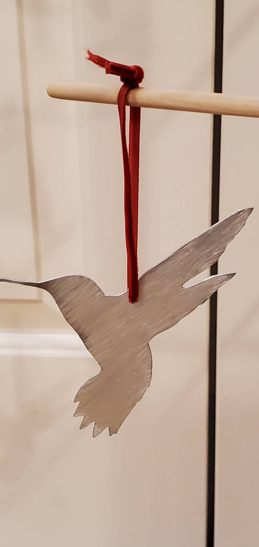 Hand Brushed Aluminum Hummingbird Ornament for Tree or to Display Year Round