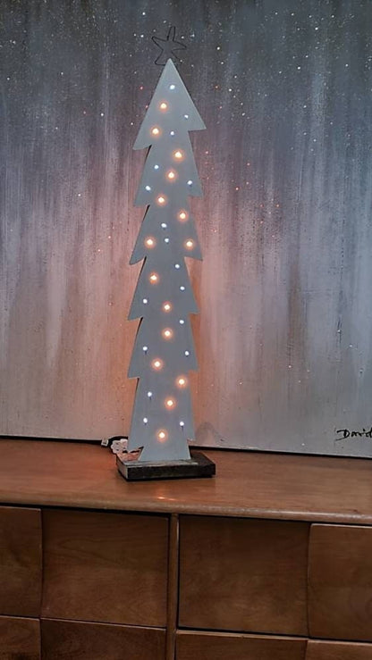 Hanukkah / Christmas White Washed Blue & White Lit Wood Tree with Reclaimed Barn Wood Base,  Plug-In Inserted Lights