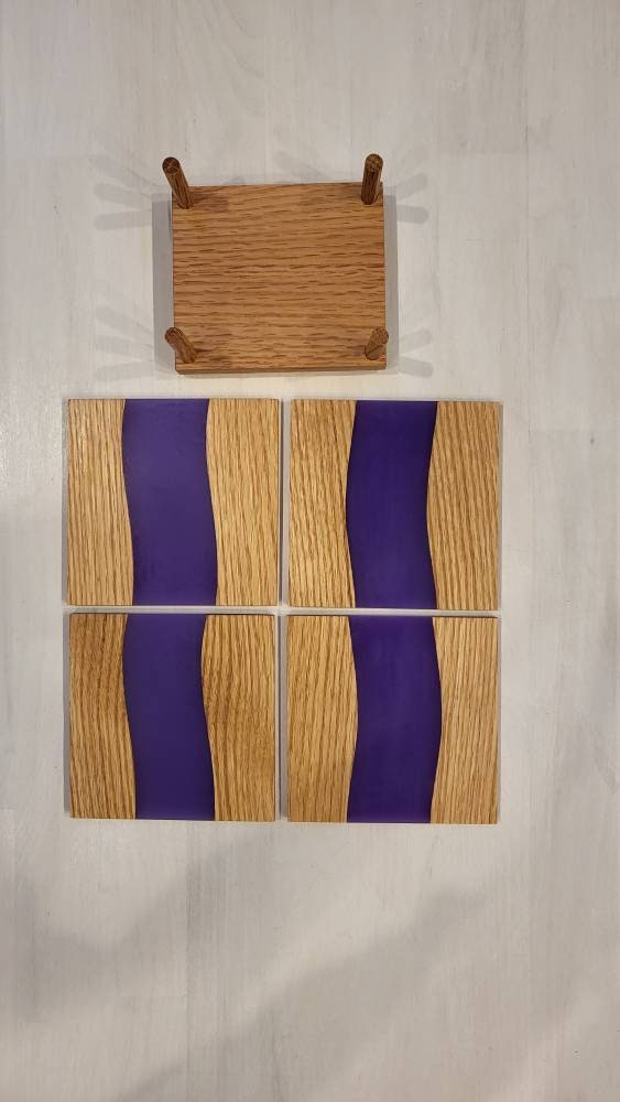 Purple Opaque Epoxy Resin & Red Oak River Coasters w/ Natural Tung Oil Finish.