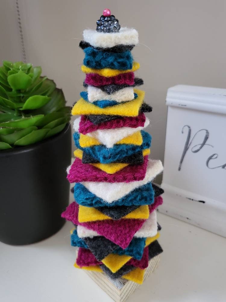 Bead Topped Hand Felted Christmas Tree with Reclaimed Wood Base.