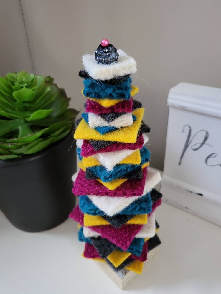 Bead Topped Hand Felted Christmas Tree with Reclaimed Wood Base.