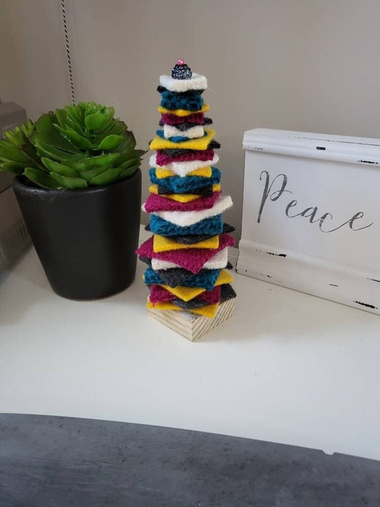 Bead Topped Hand Felted Christmas Tree with Reclaimed Wood Base.