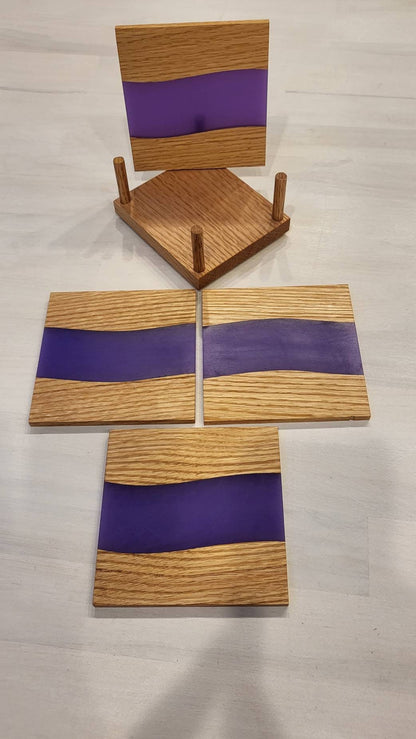 Purple Opaque Epoxy Resin & Red Oak River Coasters w/ Natural Tung Oil Finish.