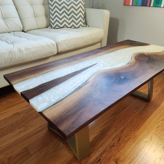 Sold Sample - Handmade Black Maple Live Edge River Coffee Table w/ White Pearl Epoxy