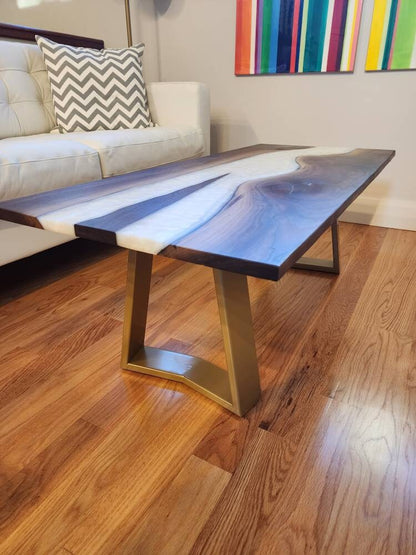 Sold Sample - Handmade Black Maple Live Edge River Coffee Table w/ White Pearl Epoxy